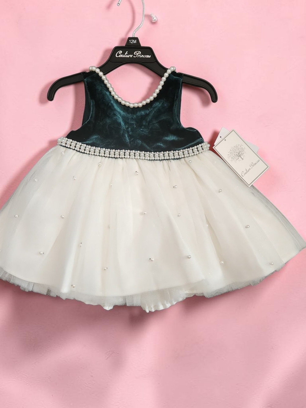 Couture Princess Girls' Emerald Green Velvet & Ivory Tulle Pearl Dress
